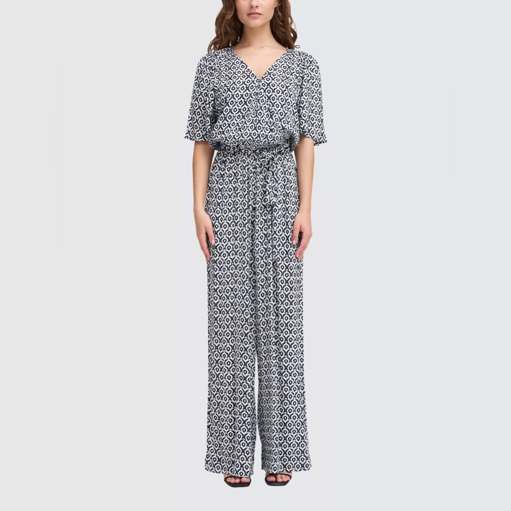 ICHI Women's Navy and White Patterned Jumpsuit with tie waist size S NWT